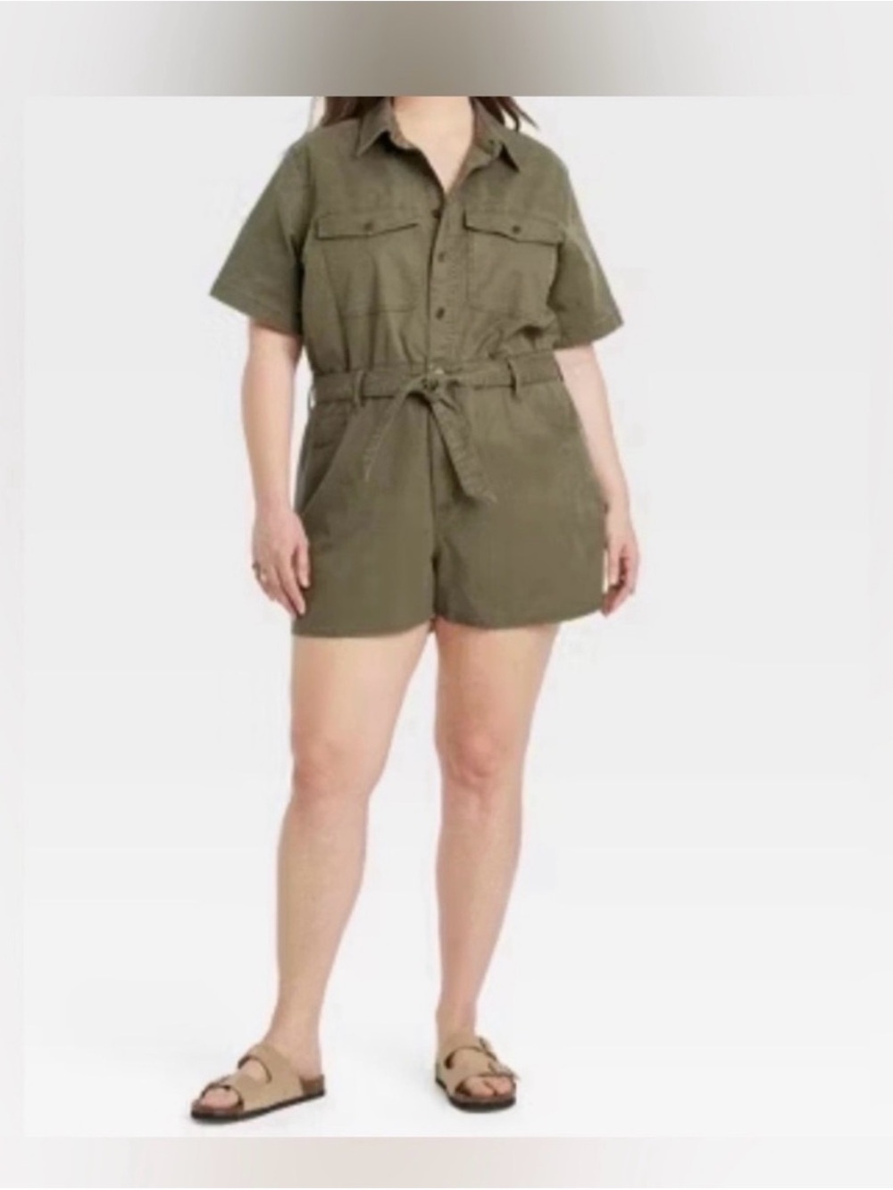 Universal Thread Olive Utility Short Romper with Tie Waist